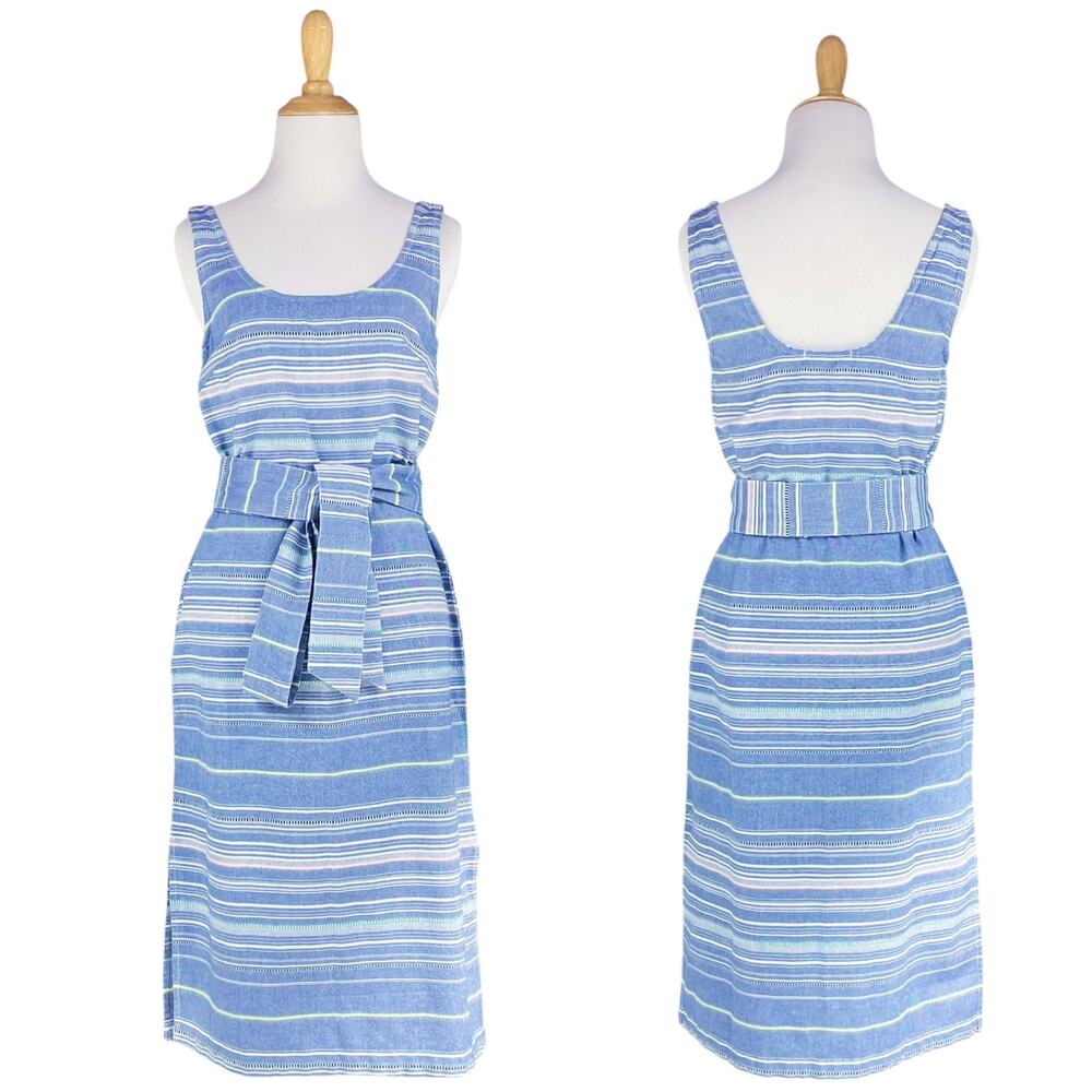 MARINE LAYER NWT Brea Tie-Front Cotton Midi Dress in Blue Multi Stripe Size XS